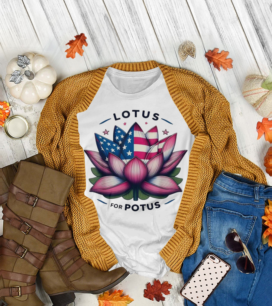 Kamala Harris 2024 Lotus for POTUS American Flag Blossom T-Shirt