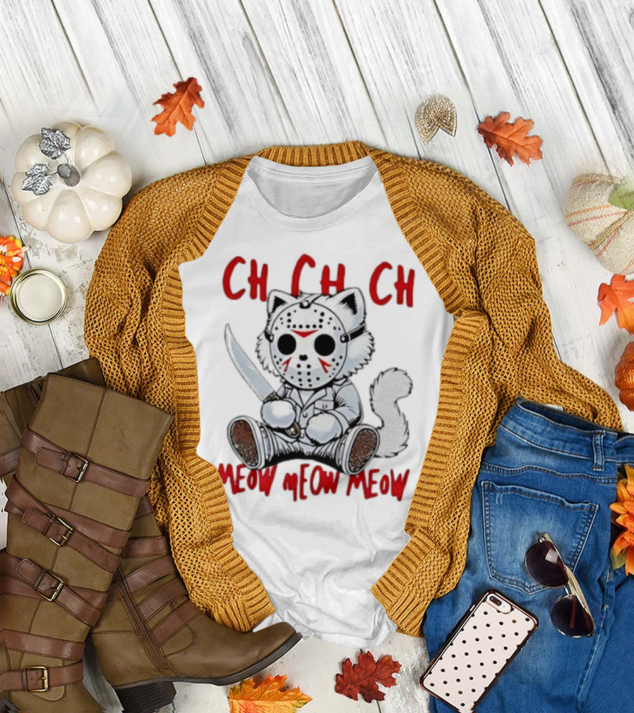 CH CH CH Meow Meow Meow Halloween Cat with Mask and Knife T-Shirt