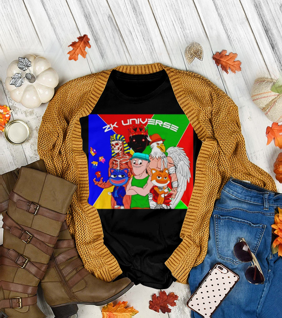 ZK Universe Colorful Characters with Pharaoh Skeleton, Crowned Figure, and Winged Eagle T-Shirt