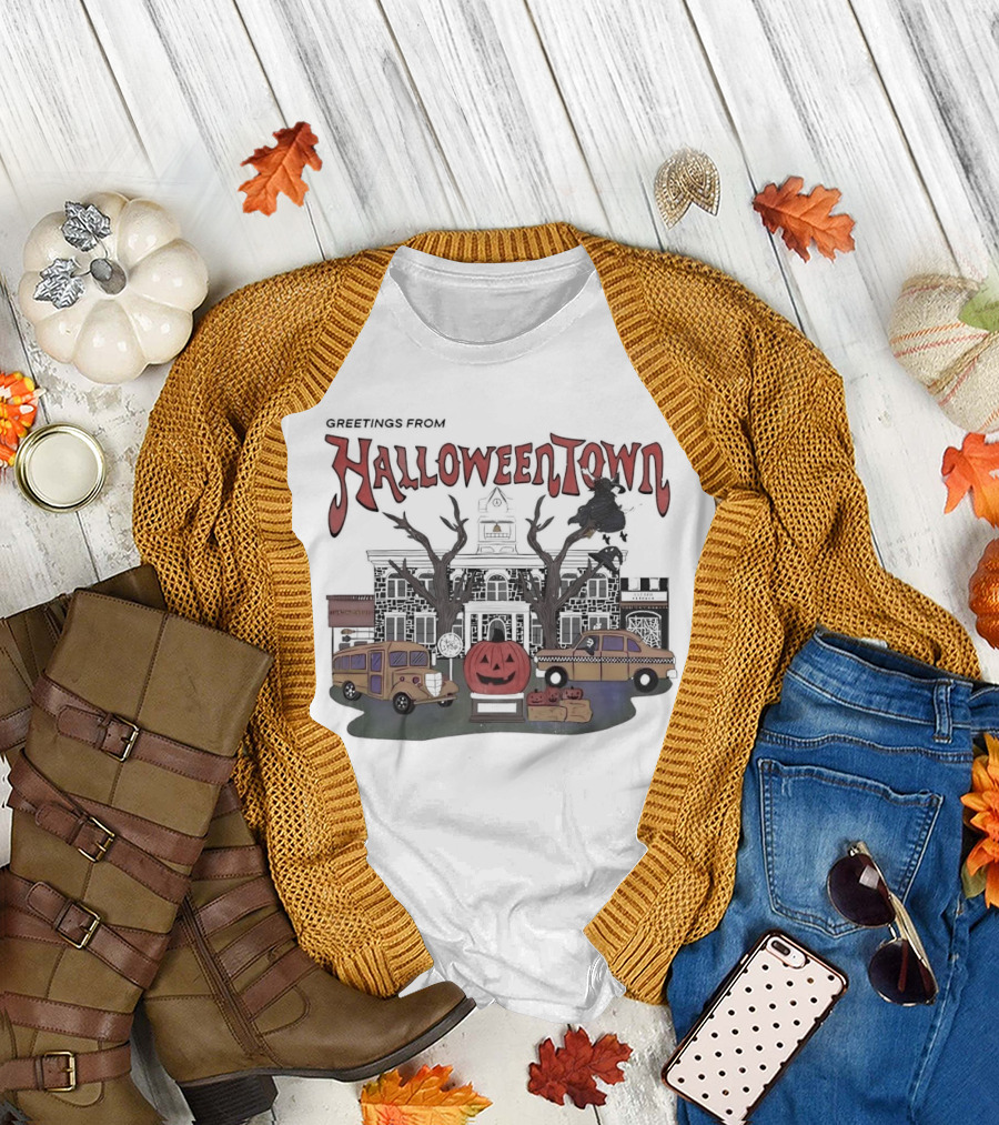 Greetings From Halloweentown Spooky House Pumpkin Taxis School Bus and Witch T-Shirt