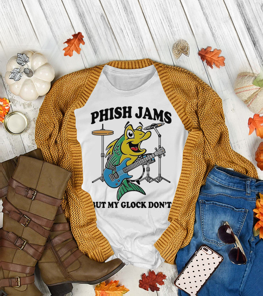 Phish Jams But My Glock Don’t Fish Guitar Drums Cartoon T-Shirt