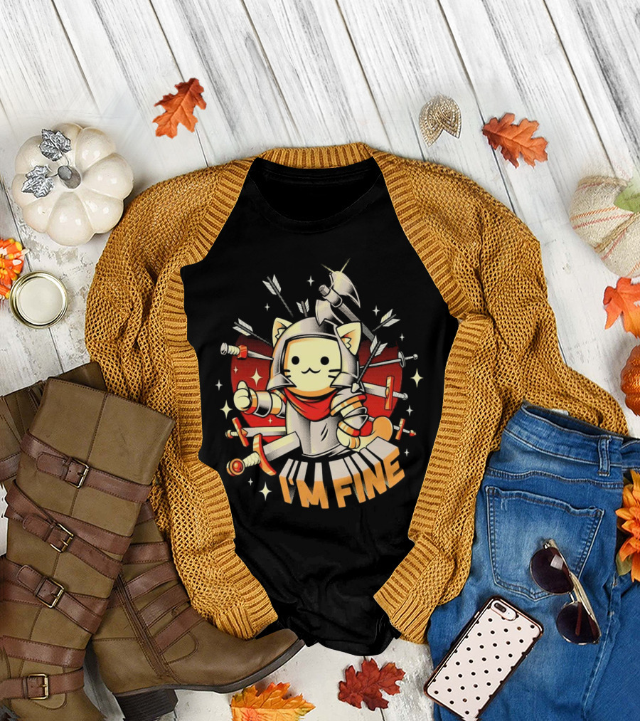 I'm Fine Soldier Cat with Armor and Weapons T-Shirt