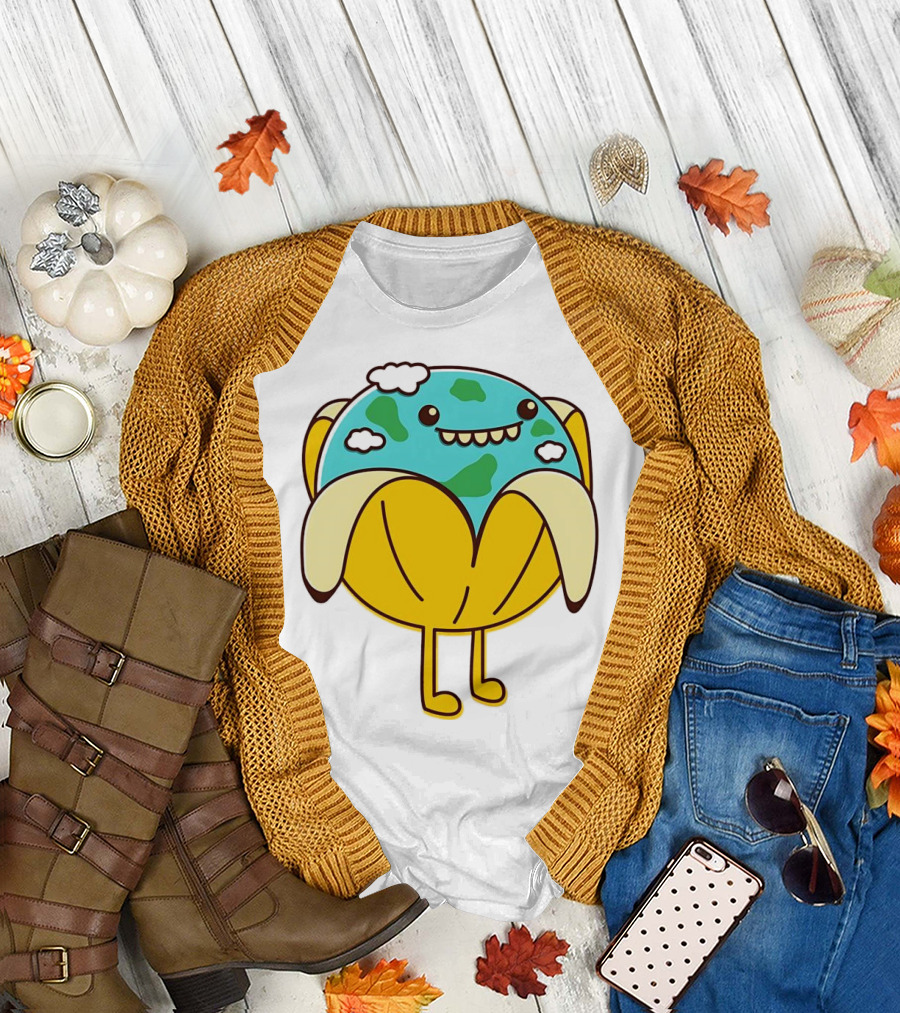 The World Has Gone Bananas Earth in a Peel with Clouds and Smiley Face T-Shirt