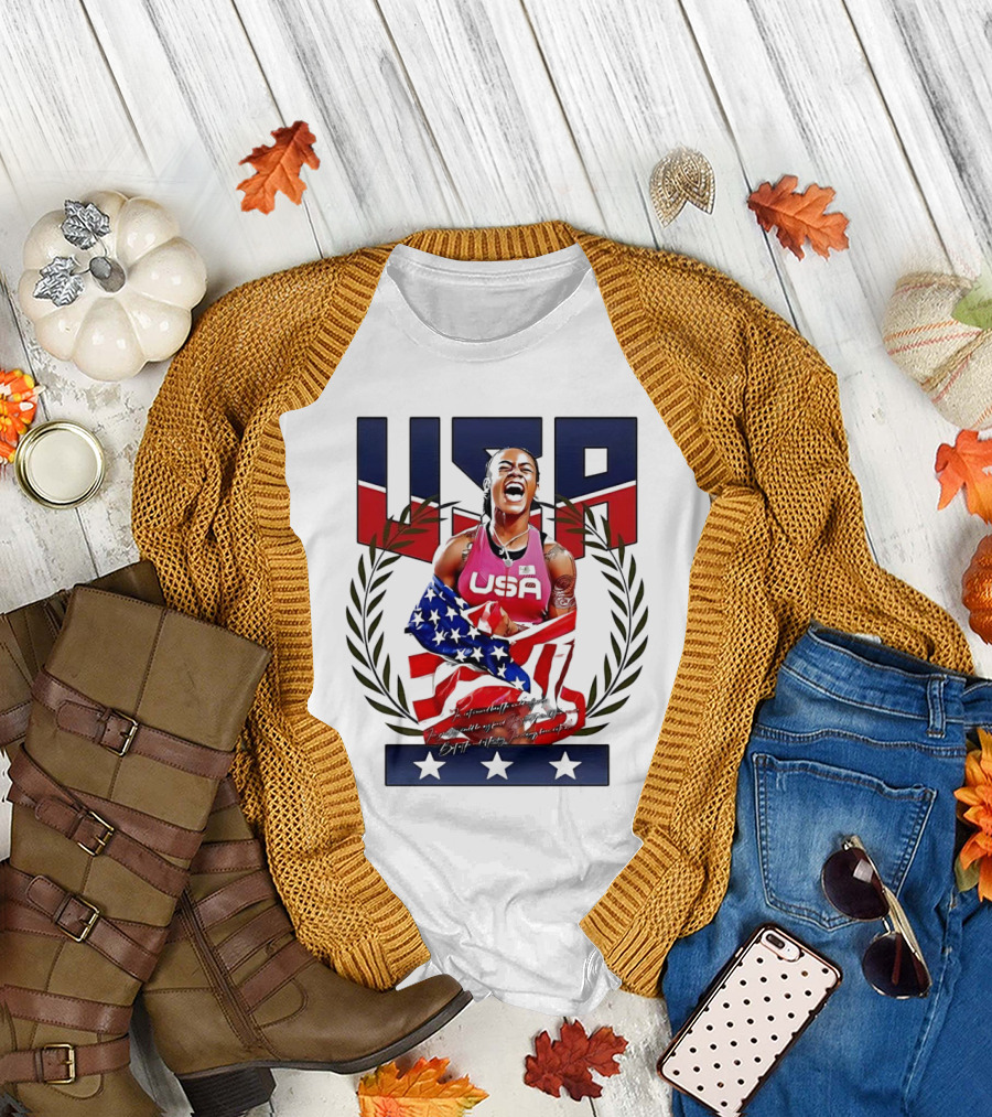 USA Sha’Carri Richardson Gold Medal Celebration American Flag T-Shirt