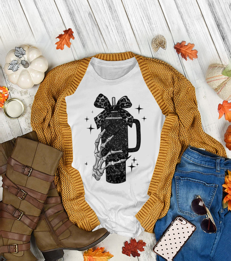 Black Skeleton Hand Coffee Cup with Bow Halloween T-Shirt
