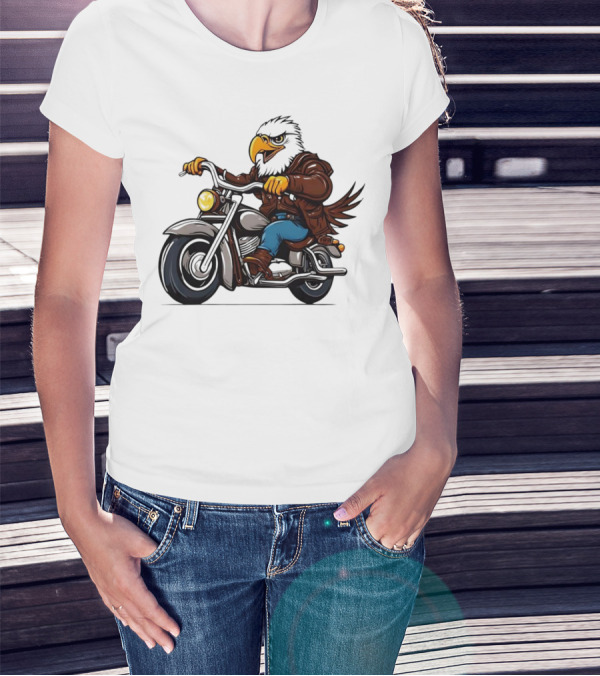 Eagle Riding Motorcycle In Brown Jacket And Blue Jeans T-Shirt