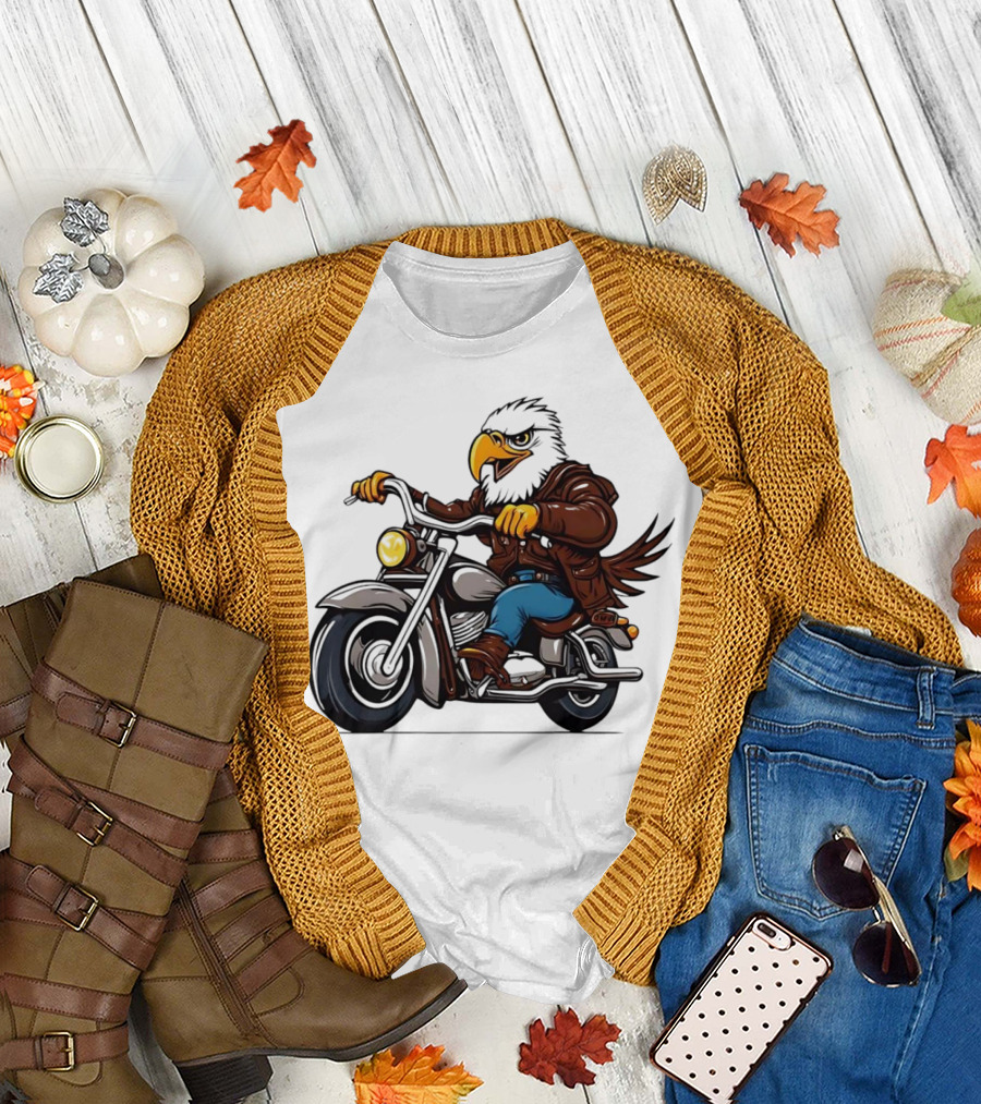 Eagle Riding Motorcycle in Brown Jacket and Blue Jeans T-Shirt