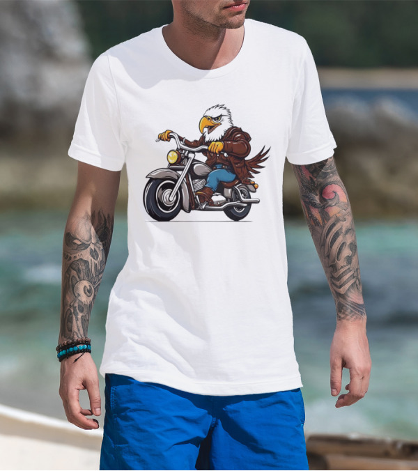 Eagle Riding Motorcycle In Brown Jacket And Blue Jeans T-Shirt