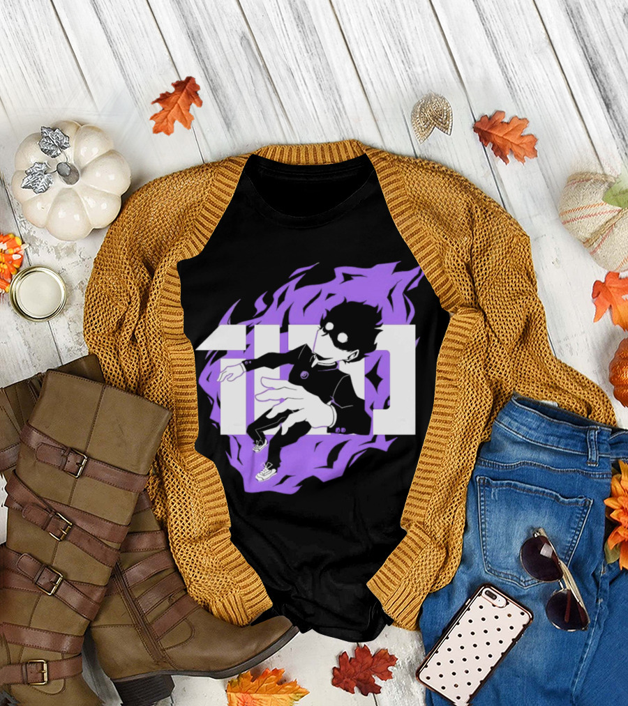 Mob Psycho 100 Psyched Out Character with Purple Aura and Bold Typography T-Shirt