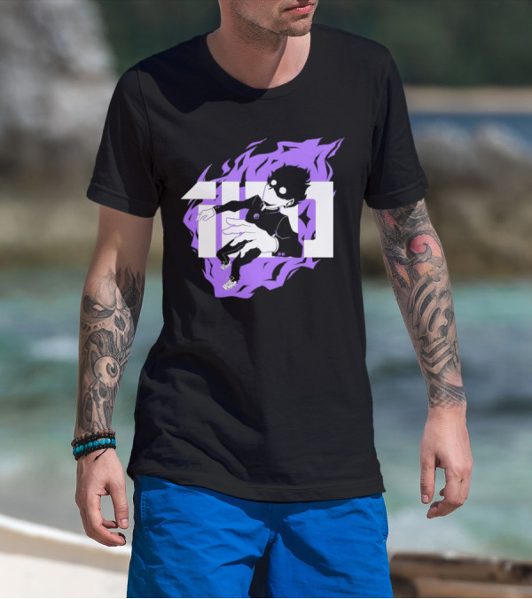 Mob Psycho 100 Psyched Out Character With Purple Aura And Bold Typography T-Shirt