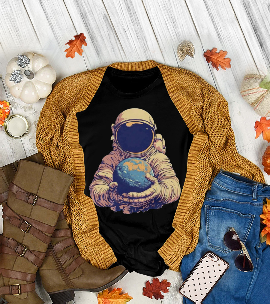 Astronaut Embracing Planet Earth Cosmic Guardians of Home T-Shirt