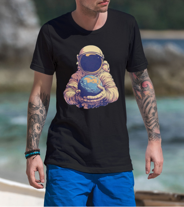 Astronaut Embracing Planet Earth Cosmic Guardians Of Home T-Shirt