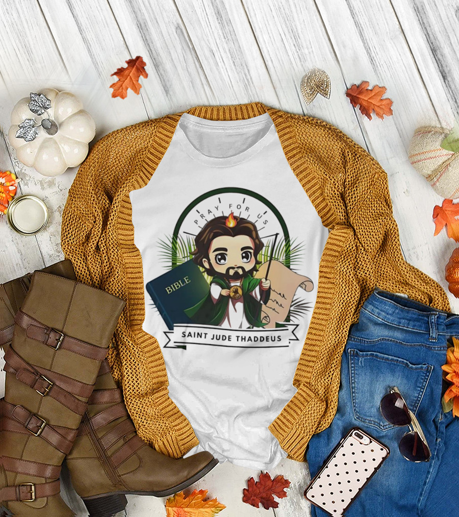 Saint Jude Thaddeus Pray for Us Cartoon Bible Scroll Flame T-Shirt