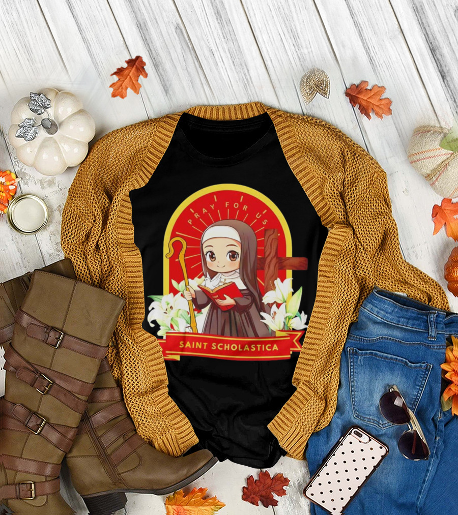 Saint Scholastica Pray for Us Cartoon Cute Nun Illustration with Cross and Flowers T-Shirt