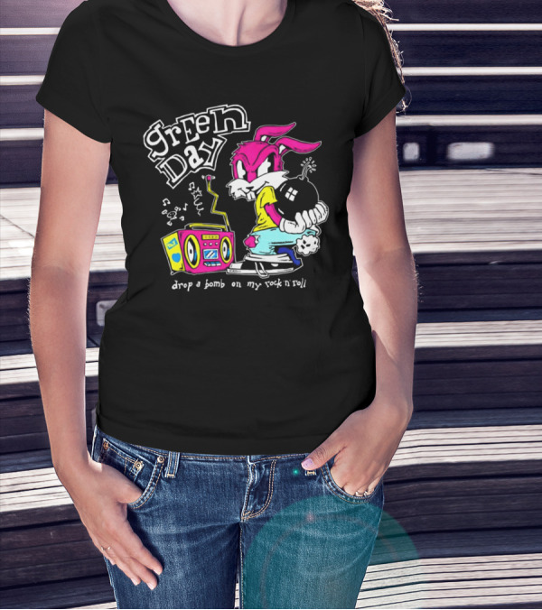 Green Day Drop A Bomb On My Rock ‘N’ Roll Pink Rabbit And Boombox T-Shirt