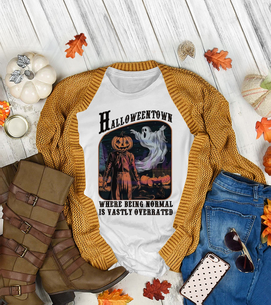 Halloweentown Pumpkin Head and Ghost with Black Cat Where Being Normal Is Vastly Overrated T-Shirt