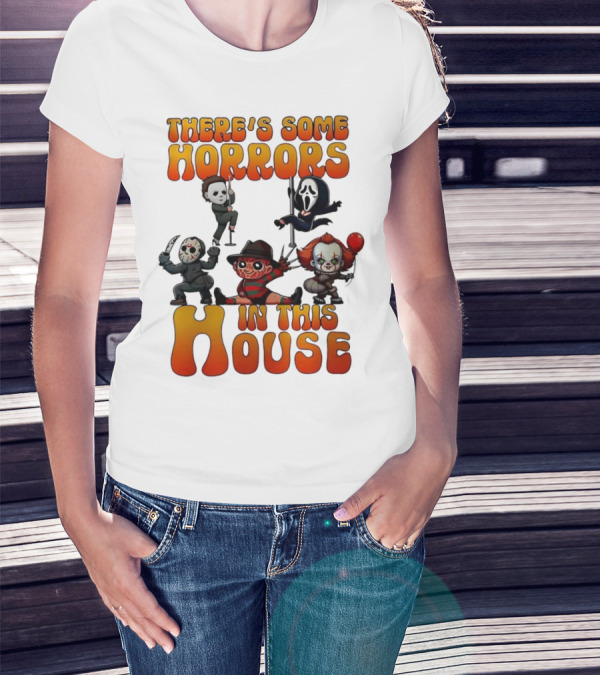 There's Some Horrors In This House Chibi Horror Movie Characters T-Shirt