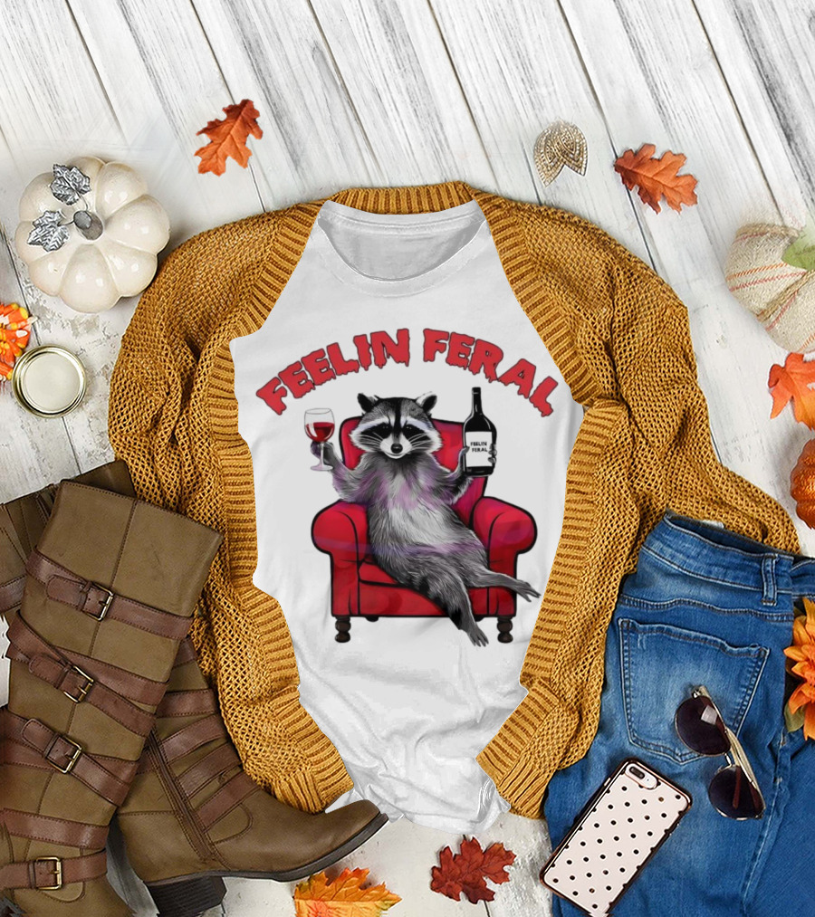 Feelin Feral Raccoon Drinking Wine Sitting on Red Armchair T-Shirt