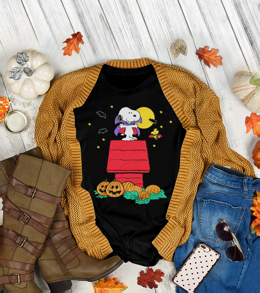 Snoopy and Woodstock as Vampires with Pumpkins under Moonlit Halloween Sky T-Shirt