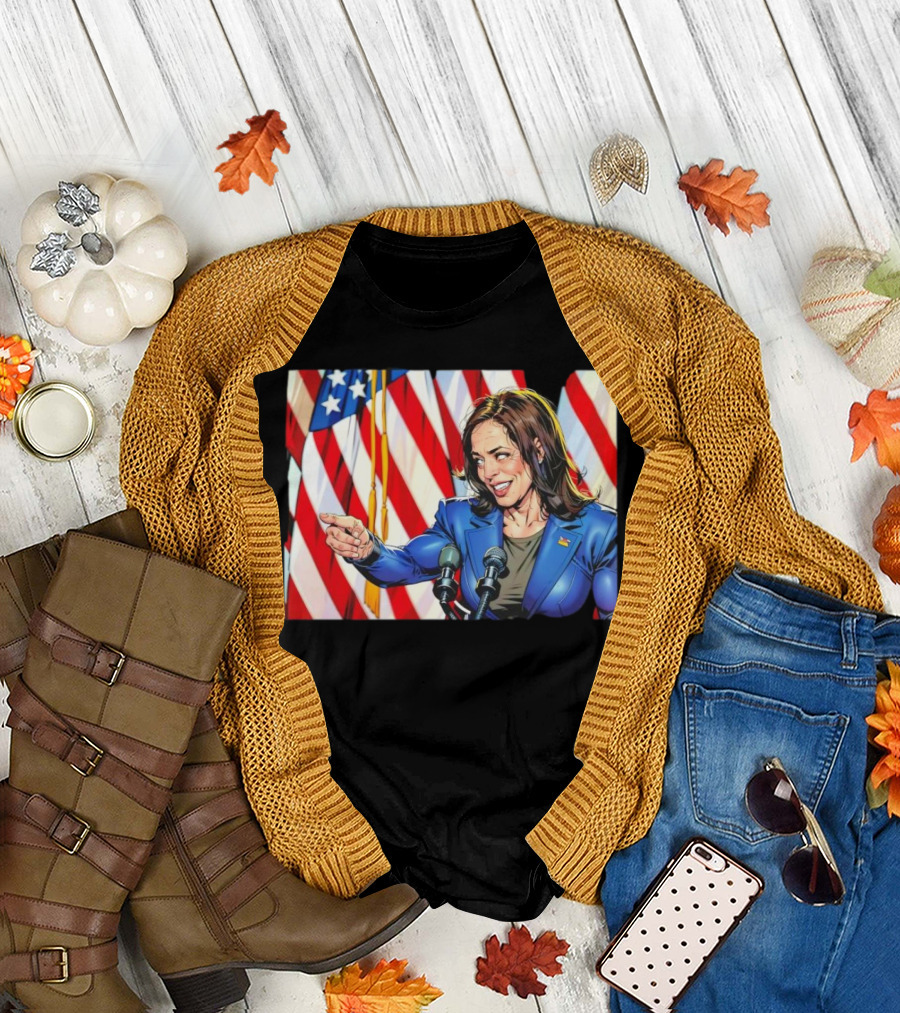 Kamala Harris Cartoon Illustration with Muscles and American Flags T-Shirt