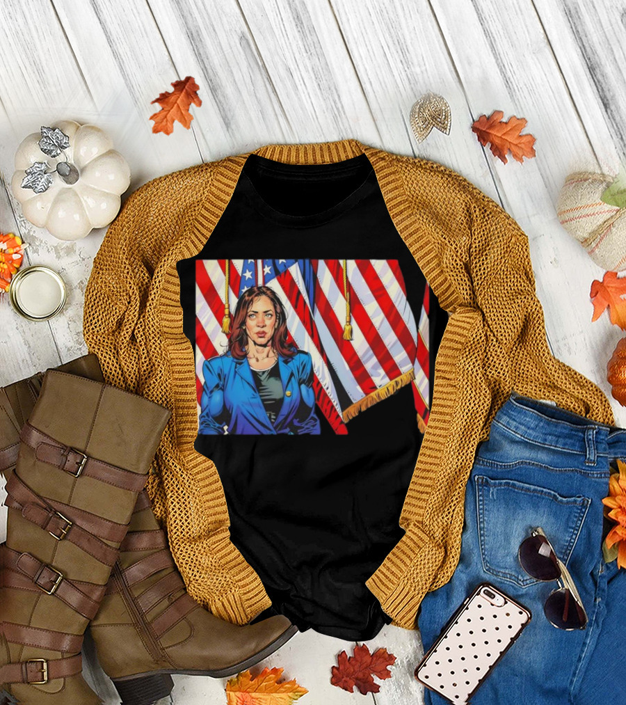 Vice President Kamala Harris Cartoon with Muscle in Front of American Flags T-Shirt