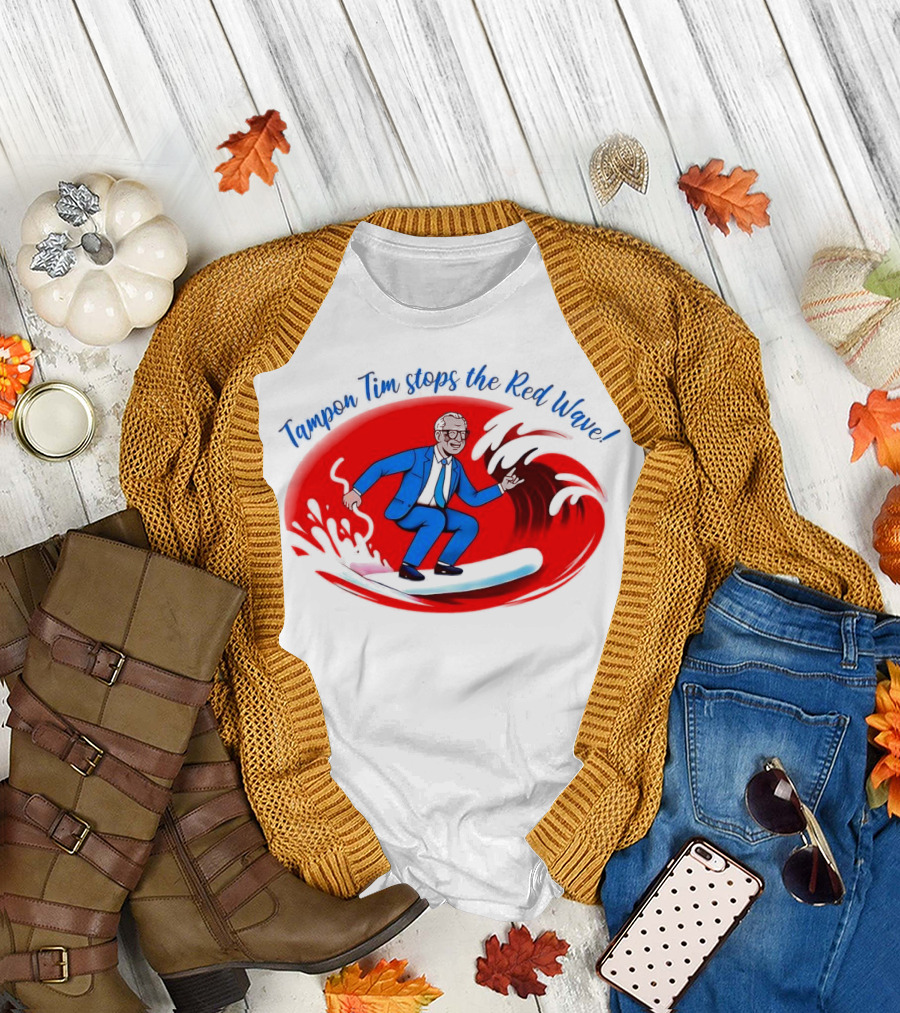 Tampon Tim Stops the Red Wave Surfing Cartoon T-Shirt
