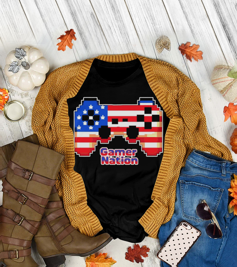 American Flag Pixel Art Gamer Nation Controller T-Shirt