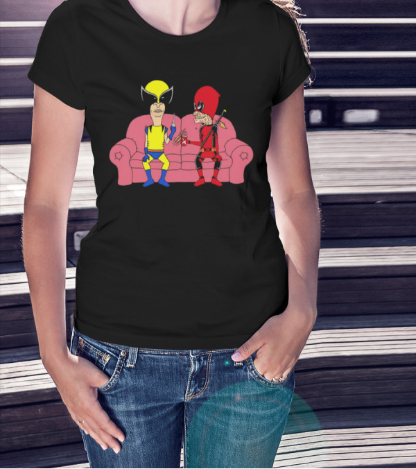 Beavis And Butt-Head X Deadpool And Wolverine Characters Crossover Cartoon Sitting On Couch T-Shirt