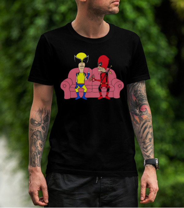 Beavis And Butt-Head X Deadpool And Wolverine Characters Crossover Cartoon Sitting On Couch T-Shirt