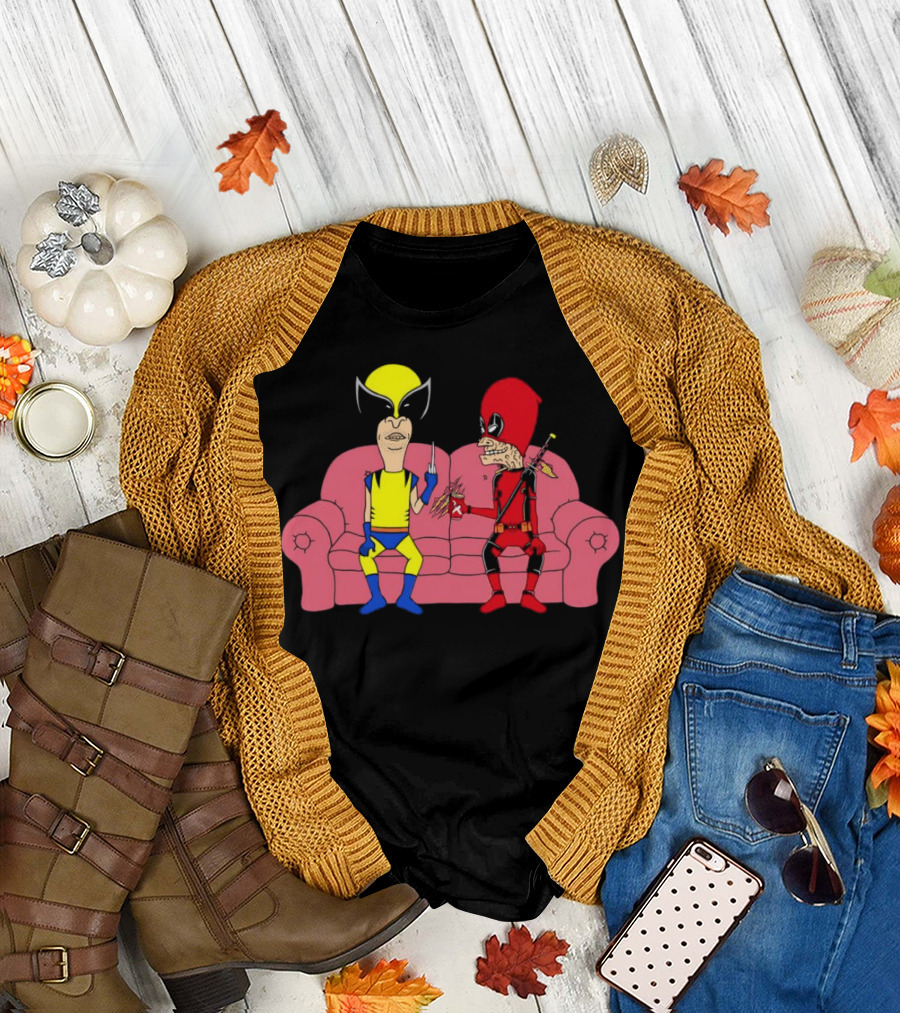 Beavis and Butt-Head X Deadpool and Wolverine Characters Crossover Cartoon Sitting on Couch T-Shirt