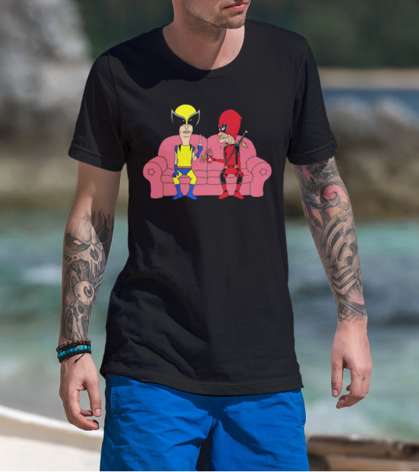 Beavis And Butt-Head X Deadpool And Wolverine Characters Crossover Cartoon Sitting On Couch T-Shirt