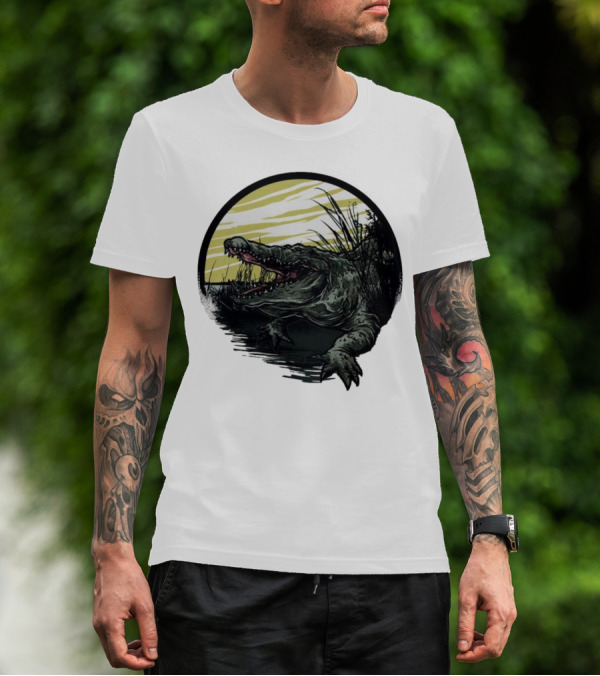 Crocodile Emerging From Water With Yellow Sky And Reeds T-Shirt