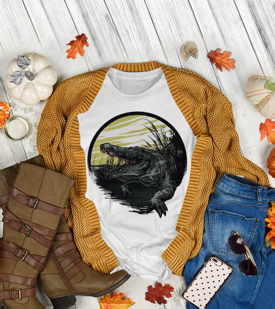 Crocodile Emerging from Water with Yellow Sky and Reeds T-Shirt