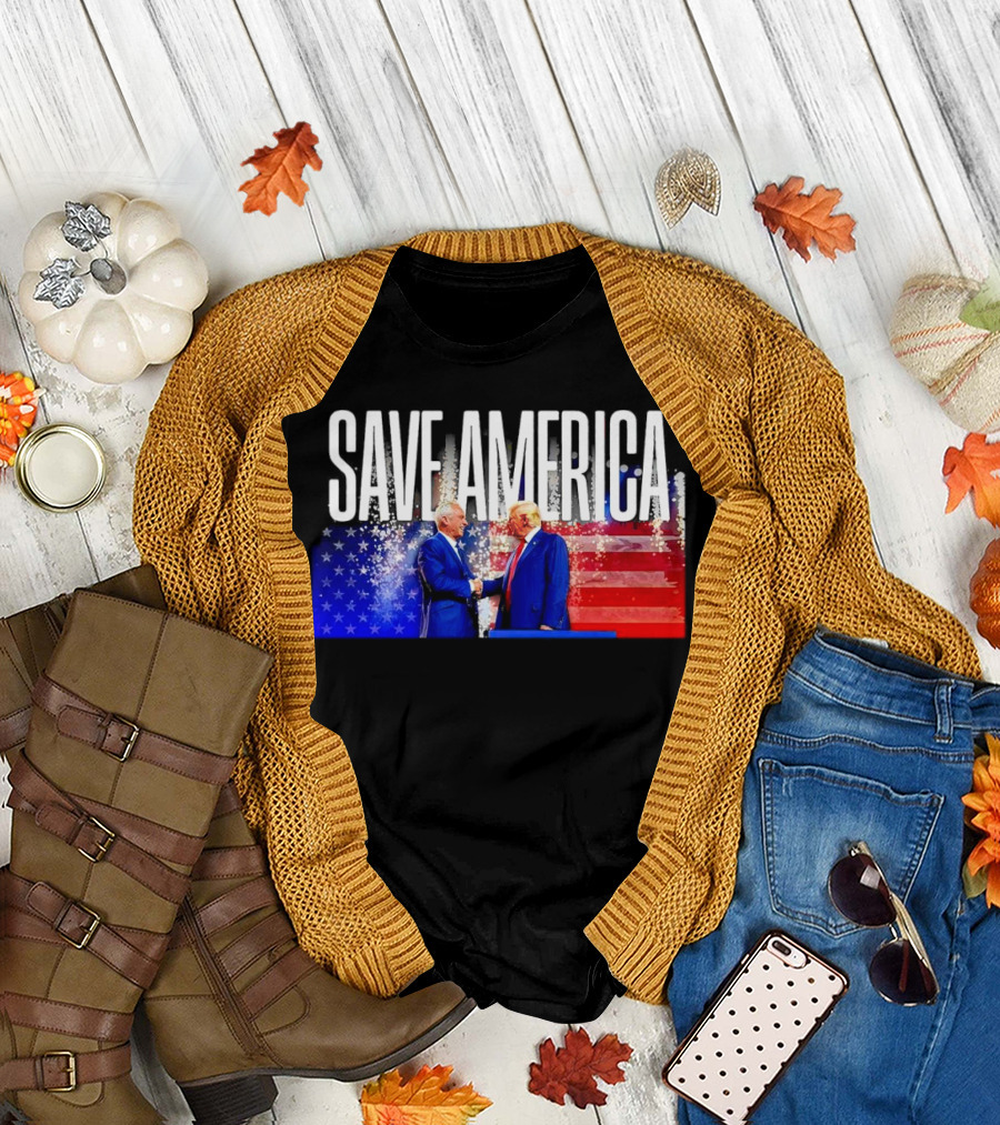 Save America Trump and Kennedy Handshake with American Flag T-Shirt