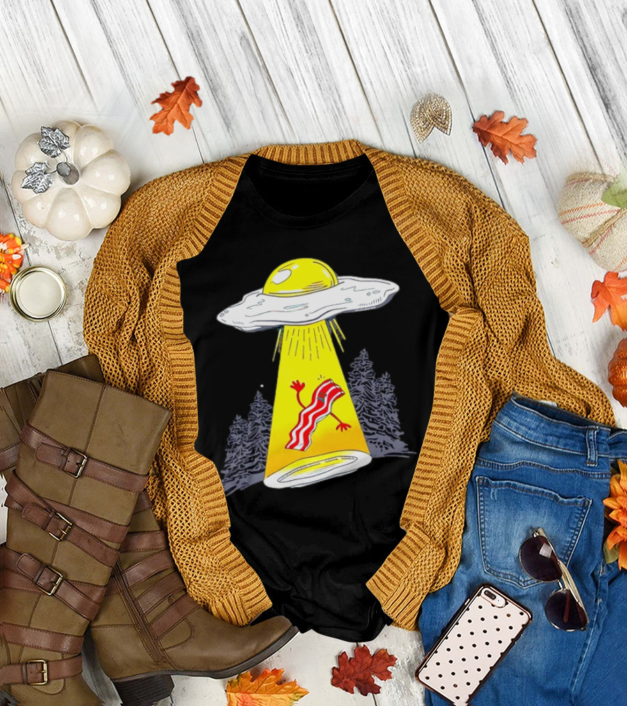 Wonder Nation Alien Breakfast Egg UFO Beaming Up a Walking Bacon Slice in Forest T-Shirt