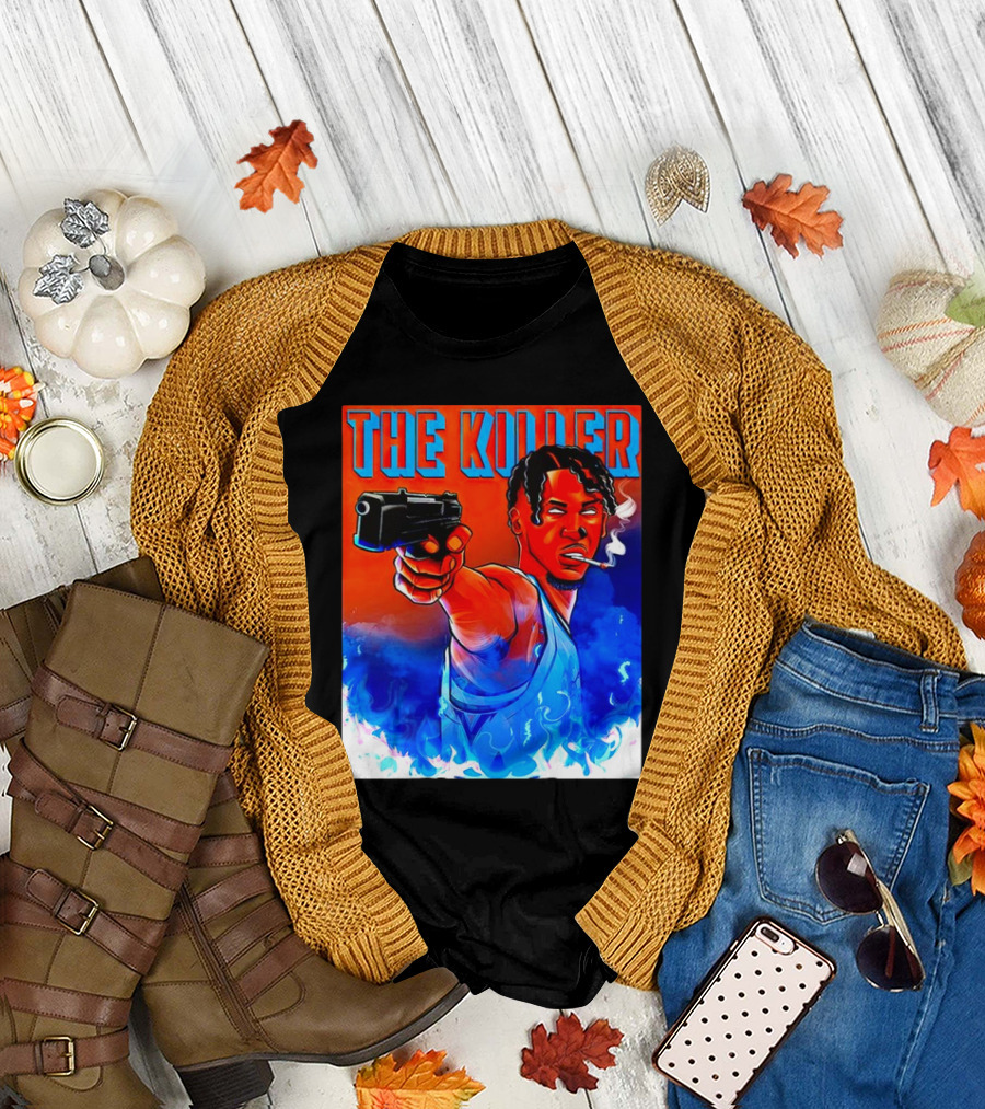 Jassel Perez the Killer Cartoon Smoking Gun and Blue Flames T-Shirt