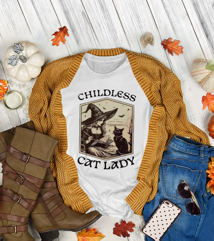 Childless Cat Lady Witch with Book and Black Cat Halloween T-Shirt