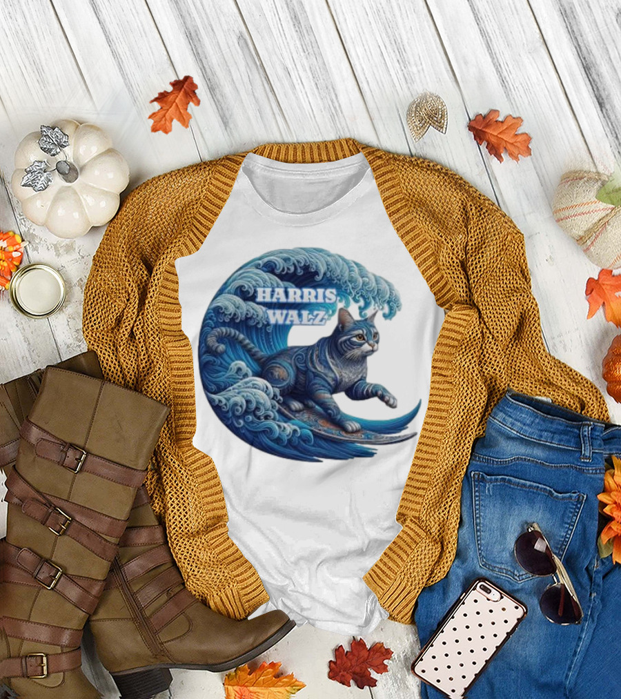 Harris Walz Blue Wave Lady Cat Surfing T-Shirt