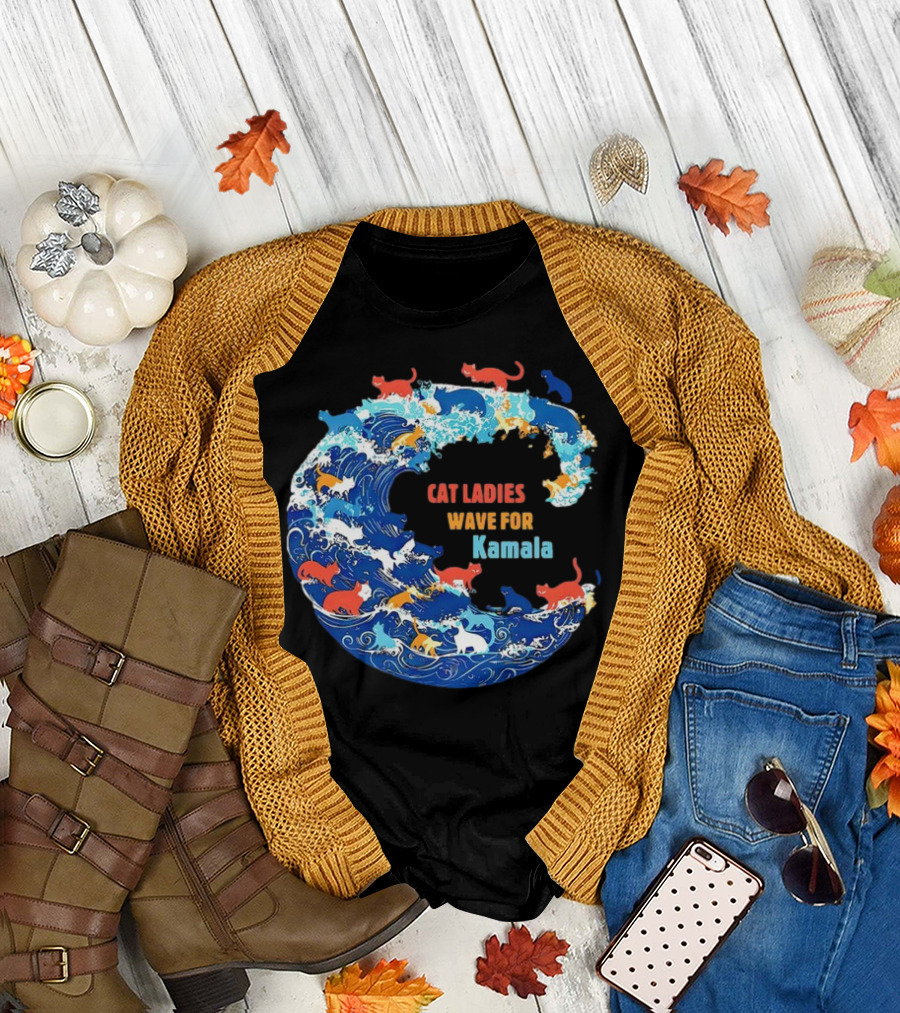 Cat Ladies Wave for Kamala in Colorful Ocean Cats T-Shirt
