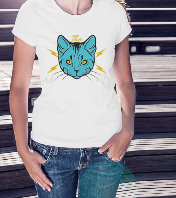 The Cat Thunder Studio Blue Cat Head With Yellow Lightning Bolts T-Shirt