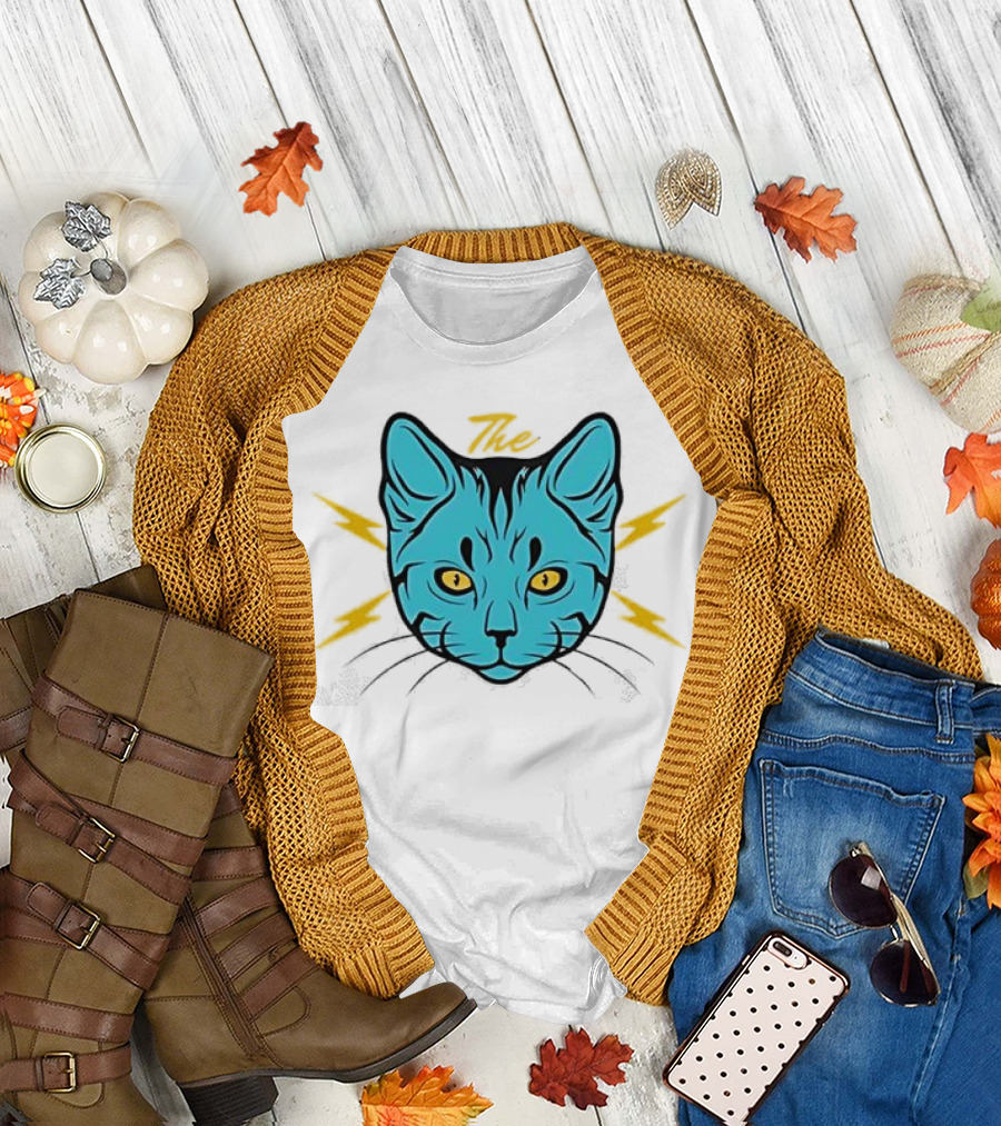The Cat Thunder Studio Blue Cat Head with Yellow Lightning Bolts T-Shirt