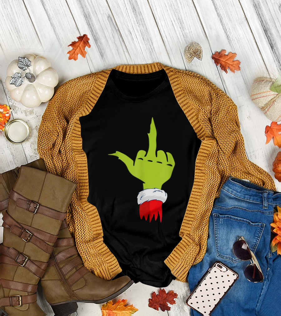 Grinch Middle Finger Merry Christmas Santa Hand Gesture T-Shirt