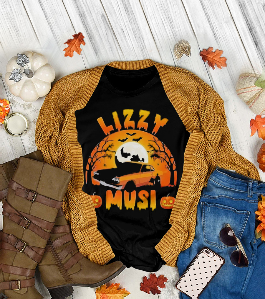 Lizzy Musi Halloween Pumpkins and Classic Car with Bats and Moon T-Shirt