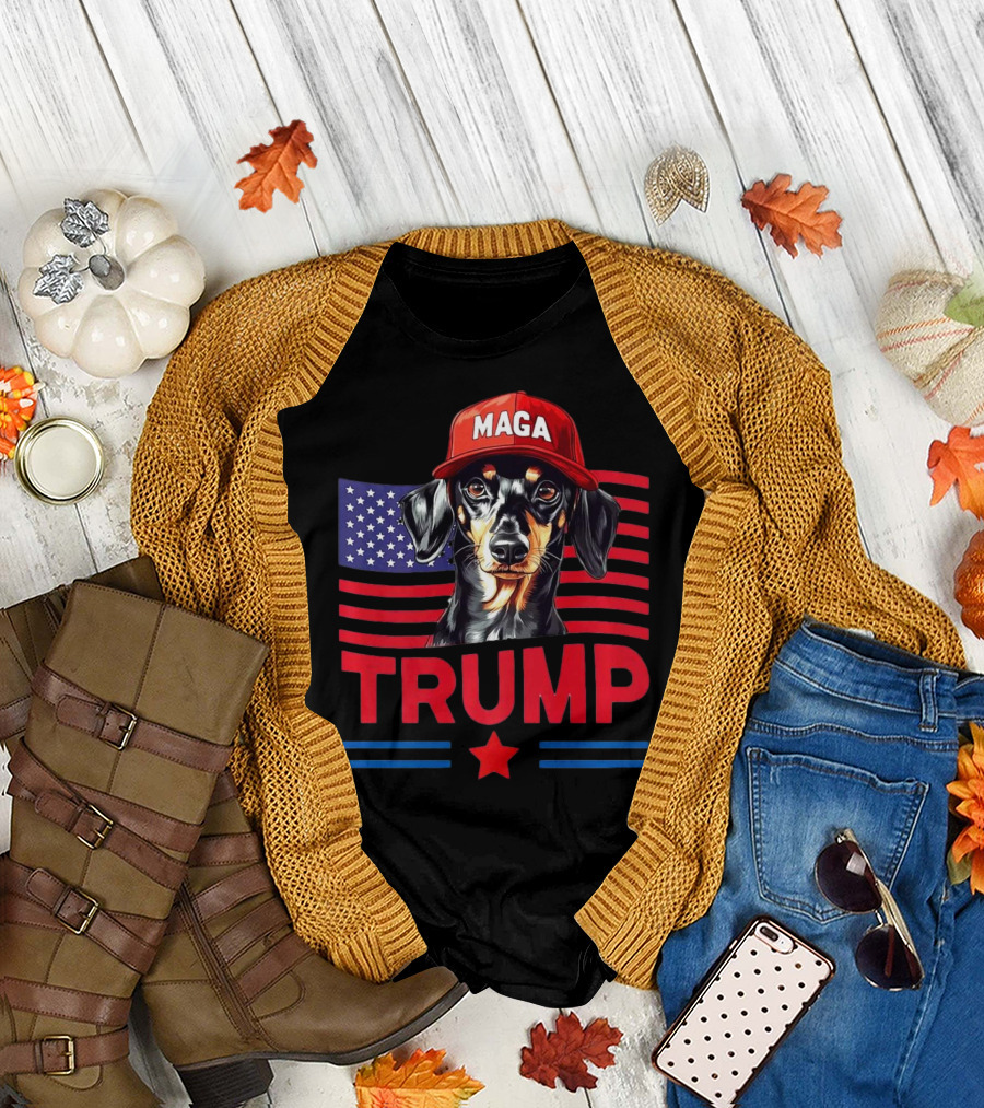 MAGA Hat Dachshund with Trump American Flag T-Shirt