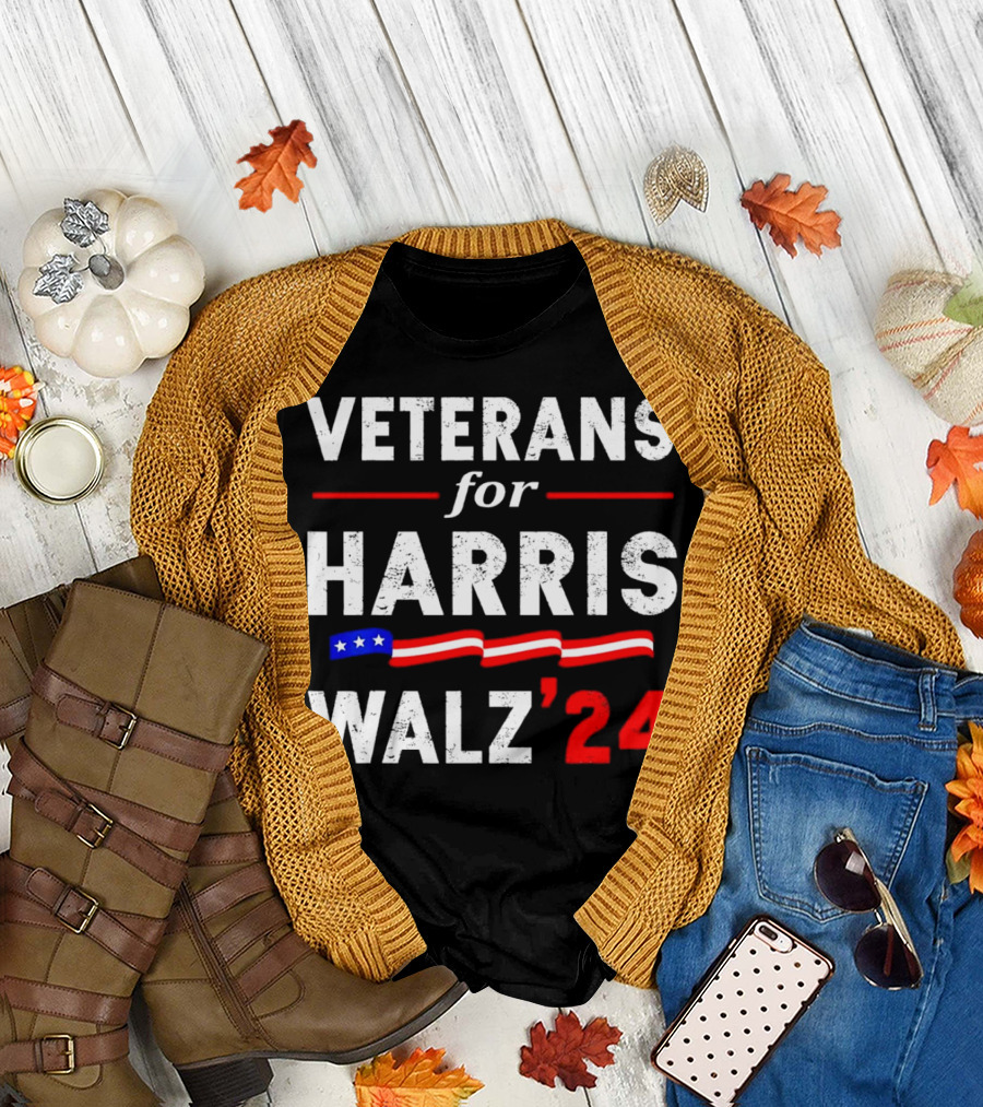 Veterans for Harris Walz 2024 Election Vote Blue Democrat Flag T-Shirt
