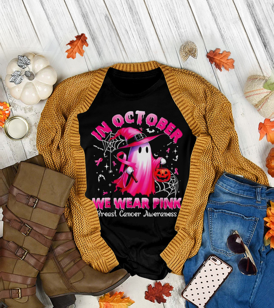In October We Wear Pink Ghost Witch Breast Cancer Awareness Halloween T-Shirt