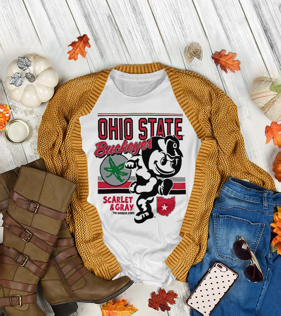 Ohio State Buckeyes Scarlet and Gray Buckeyes State Vintage Style with Script Logo and Buckeye Leaf T-Shirt