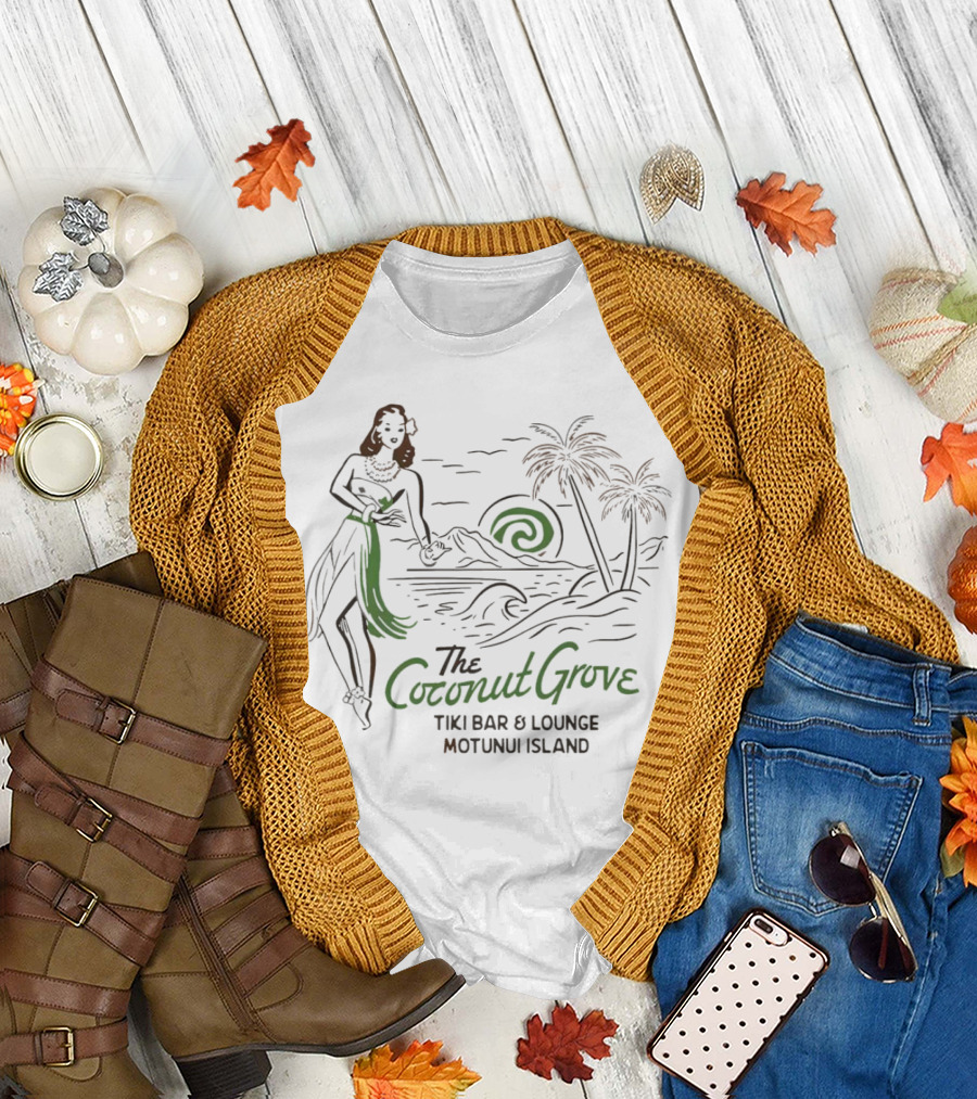 The Coconut Grove Tiki Bar and Lounge Motunui Island Woman with Palm Trees and Waves T-Shirt