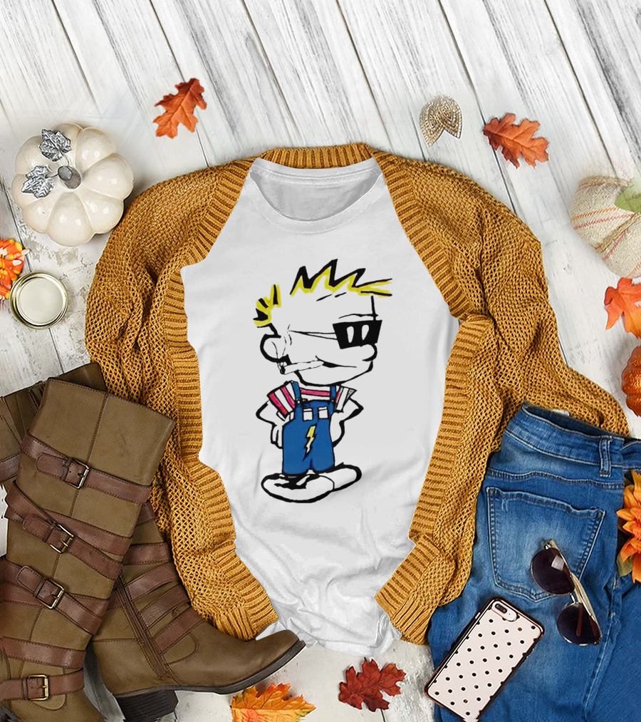 Calvin and Hobbes Spaceman Spiff Lightning Overalls Yellow Hair Sunglasses T-Shirt