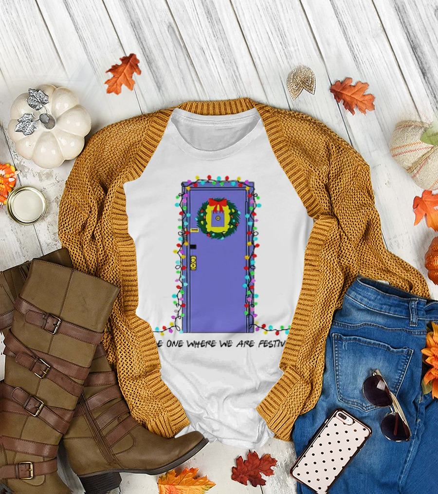 The One Where We Are Festive Teacher Door Wreath Christmas Lights T-Shirt